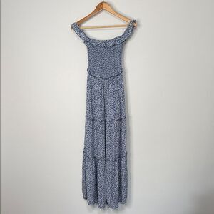 RUMOR Smocked Blue Floral Off Shoulder Ruffle Tiered Maxi Dress Size 8